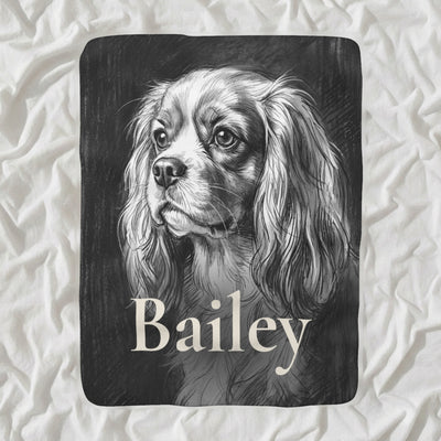 Personalized Cavalier King Charles Spaniel Blanket with Your Dog's Name, Charcoal-Style Dog Portrait Sherpa Fleece Throw, Dog Lover Gift