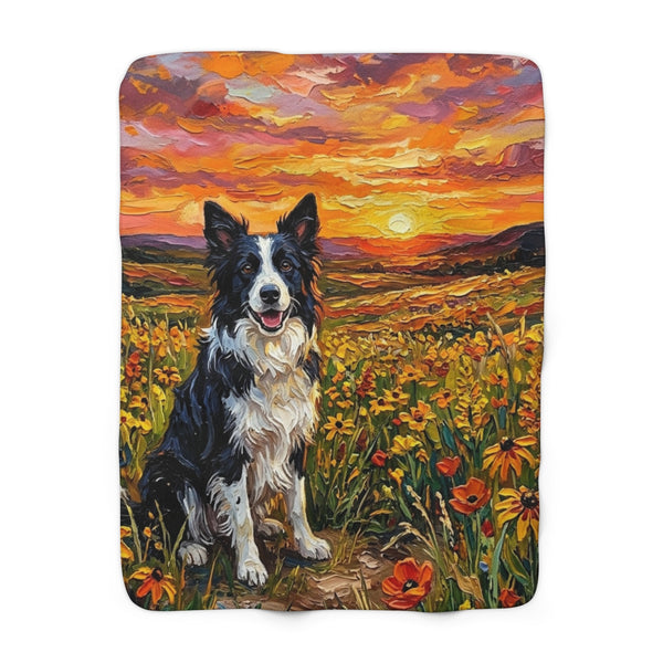 Border Collie Acrylic Gallery Print Sunset Prairie Sherpa Fleece Blanket | Dog Lover Gift