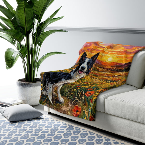 Border Collie Acrylic Gallery Print Sunset Prairie Sherpa Fleece Blanket | Dog Lover Gift — Lifestyle View