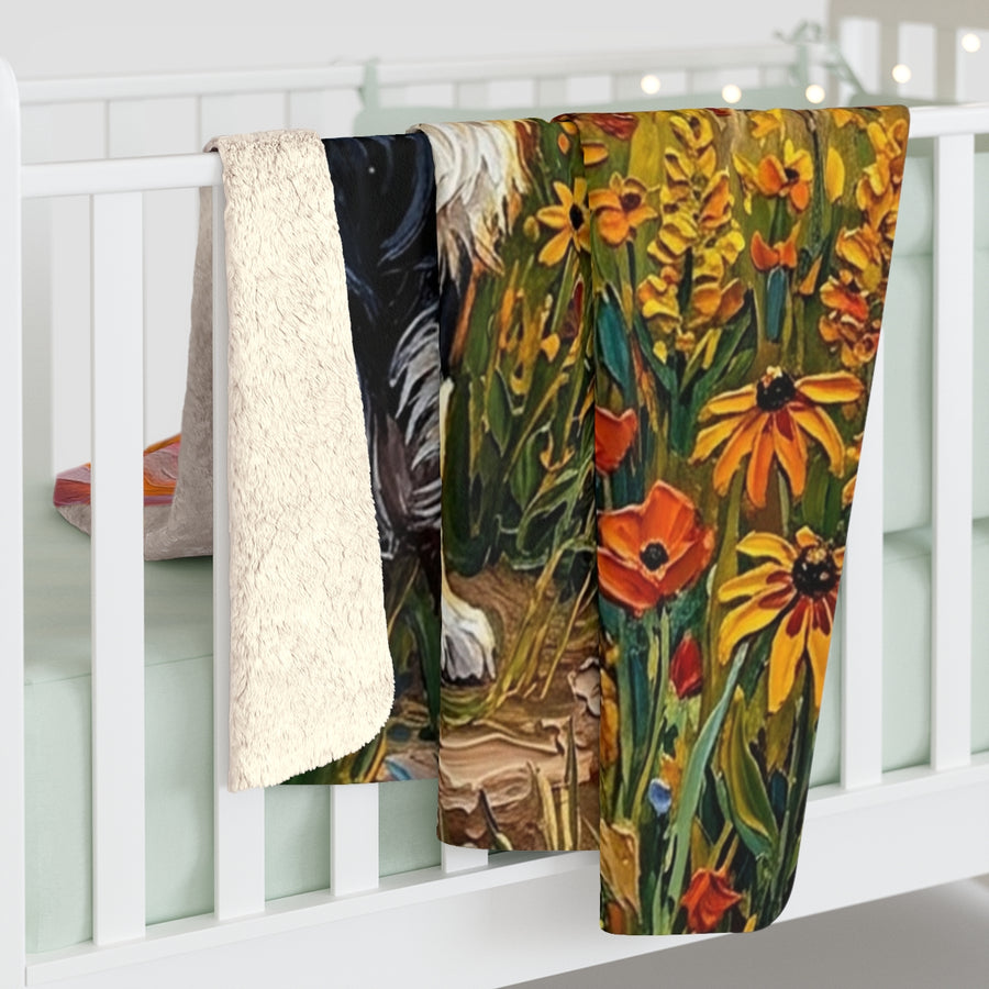 Border Collie Acrylic sherpa blanket by Tritan, on bed
