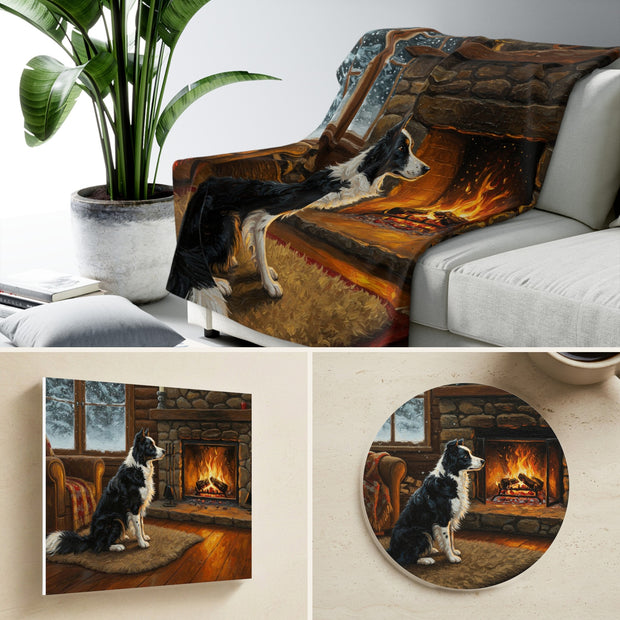 Border Collie By the Fire Gift Set | Canvas, Sherpa Blanket & Coaster | Tritan
