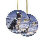 Border Collie Christmas Storybook ceramic ornament by Tritan, front and back