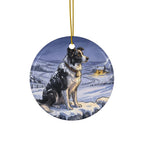 Border Collie Christmas Storybook ceramic ornament by Tritan, front