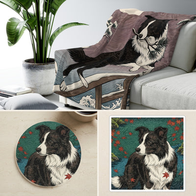 Border Collie Japanese Print Cozy Gift Set | Sherpa Blanket, Coaster & Sticker | Tritan
