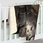 Border Collie Medieval Knight sherpa blanket by Tritan, on bed