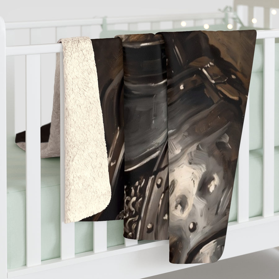 Border Collie Medieval Knight sherpa blanket by Tritan, on bed