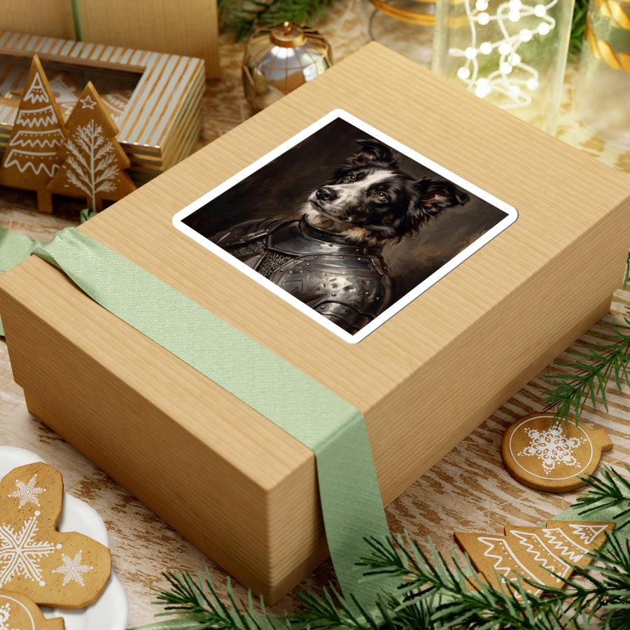 Border Collie Medieval Knight vinyl sticker by Tritan, on a skateboard