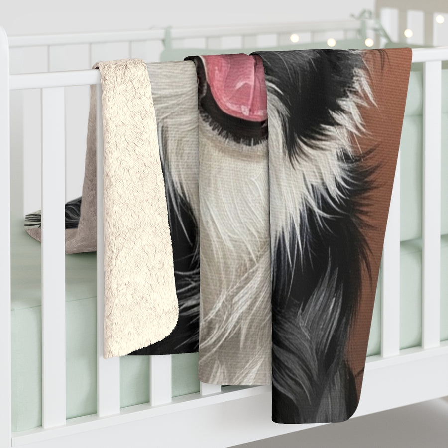 Border Collie Oil Portrait sherpa blanket by Tritan, on bed