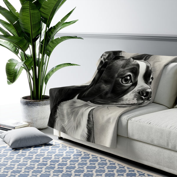 Boston Terrier Charcoal Portrait Sherpa Fleece Blanket | Dog Lover Gift — Lifestyle View