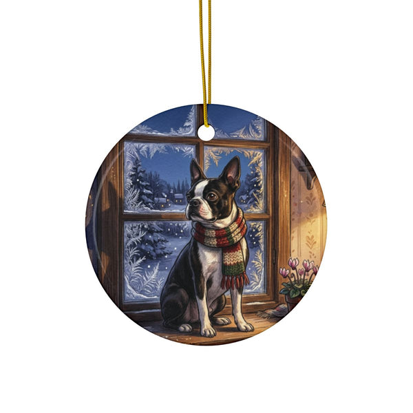 Boston Terrier Christmas Storybook Ceramic Tree Ornament, Storybook Dog Art, Boston Terrier Lover Gift