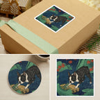 Boston Terrier Japanese Print stocking stuffer gift set: round cork-back coaster and two 3x3 vinyl stickers