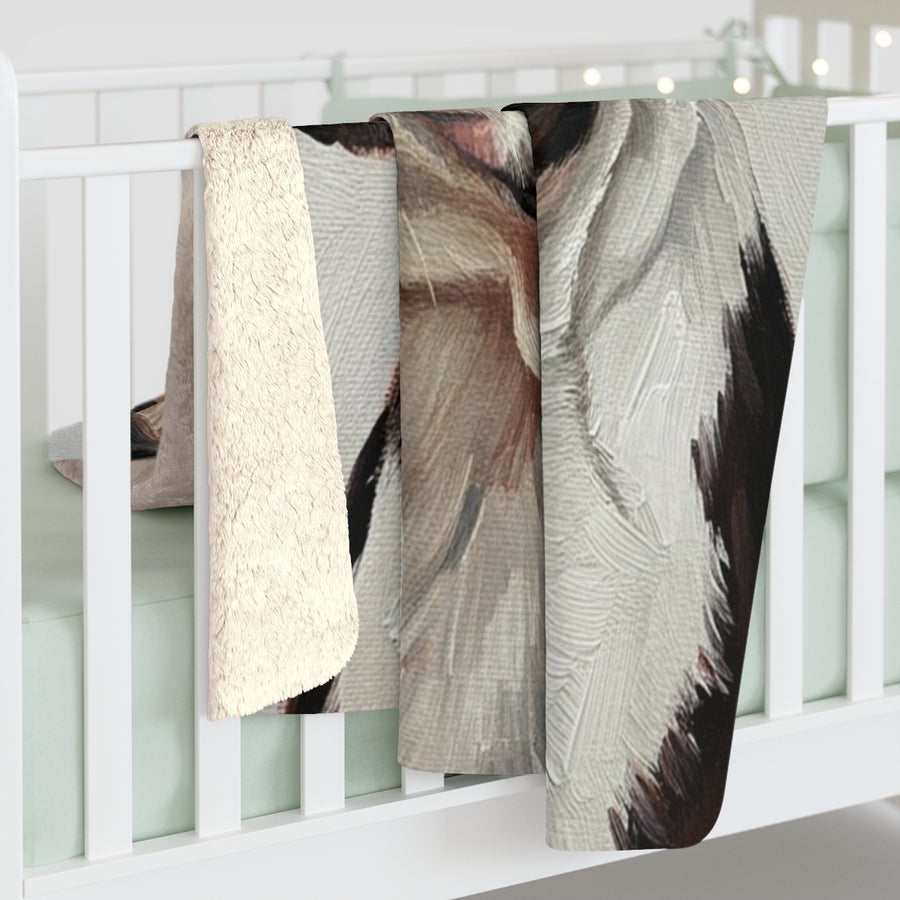 Boston Terrier Oil Portrait sherpa blanket by Tritan, on bed