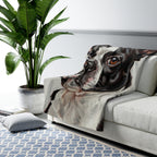 Boston Terrier Oil Portrait sherpa blanket by Tritan, on sofa