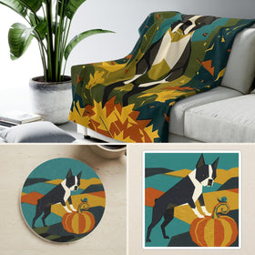 Boston Terrier Retro Autumn Cozy Gift Set | Sherpa Blanket, Coaster & Sticker | Tritan