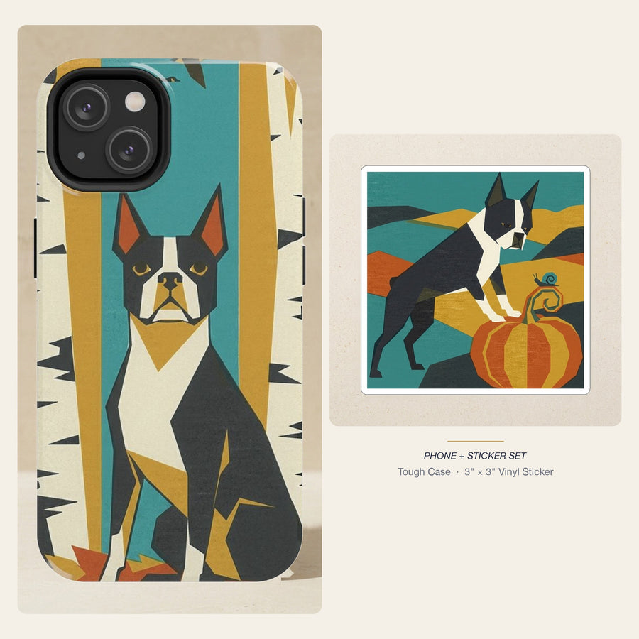 Boston Terrier Retro Autumn phone and sticker gift set: dual-layer iPhone 15 Pro tough case and 3x3 vinyl sticker