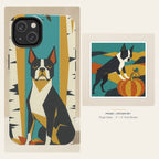 Boston Terrier Retro Autumn phone and sticker gift set: dual-layer iPhone 15 Pro tough case and 3x3 vinyl sticker