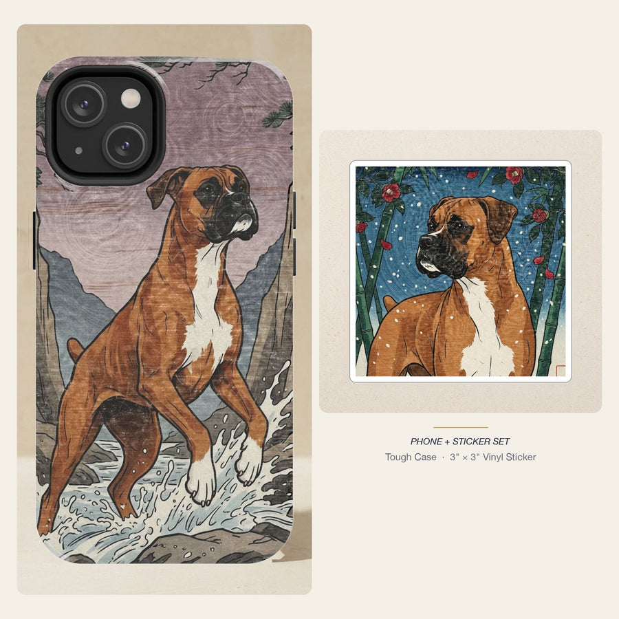 Boxer Japanese Print phone and sticker gift set: dual-layer iPhone 15 Pro tough case and 3x3 vinyl sticker