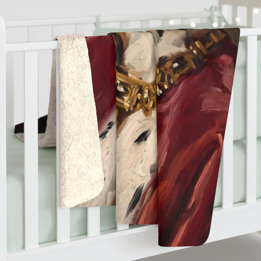 Boxer Kings & Queens sherpa blanket by Tritan, on bed