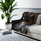 Boxer Medieval Knight sherpa blanket by Tritan, on sofa