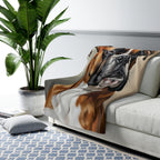 Boxer Oil Portrait sherpa blanket by Tritan, on sofa