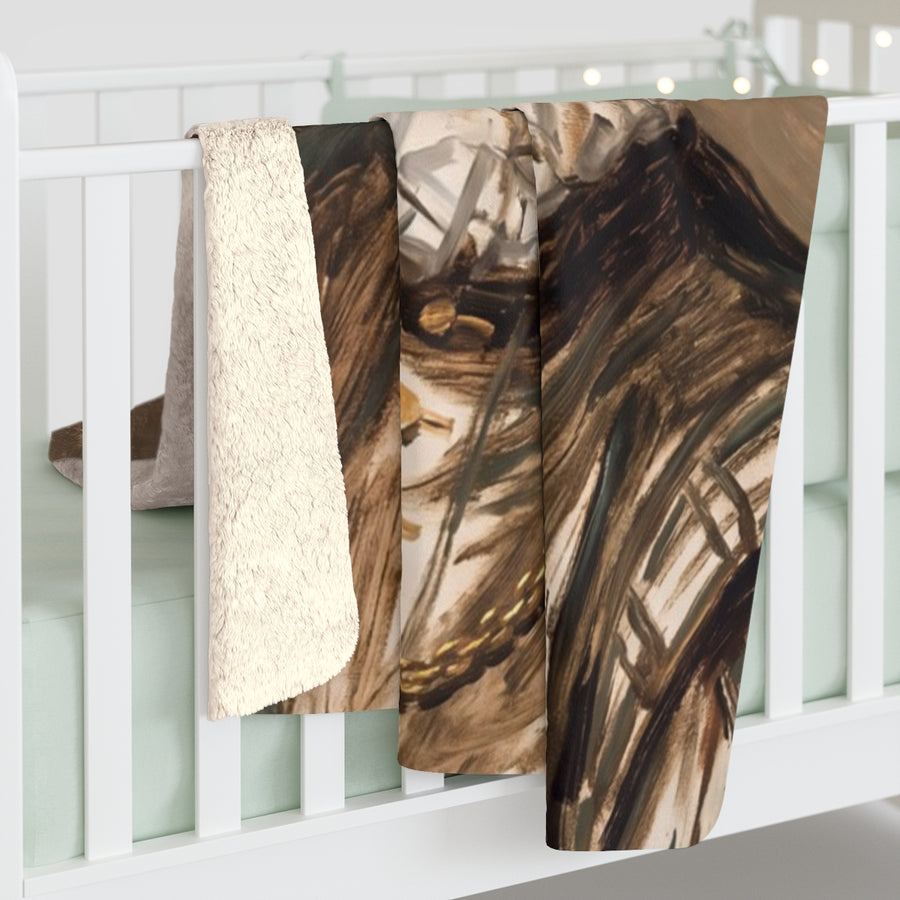 Boxer Renaissance Royal sherpa blanket by Tritan, on bed