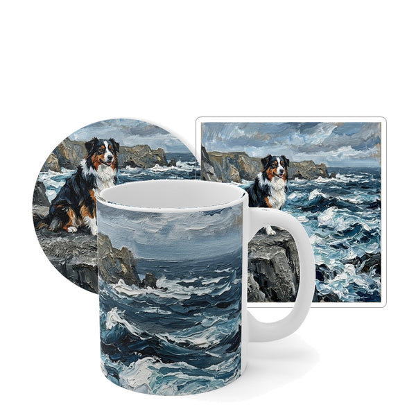 Australian Shepherd Coastal Cliffside Gift Set | Mug + Coaster + Sticker | Tritan