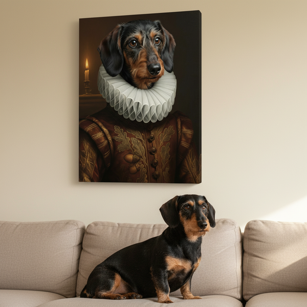 Dachshund Renaissance Royal Portrait Canvas Wall Art, Regal Dog Painting, Dachshund Lover Gift, Stretched Canvas — Lifestyle View