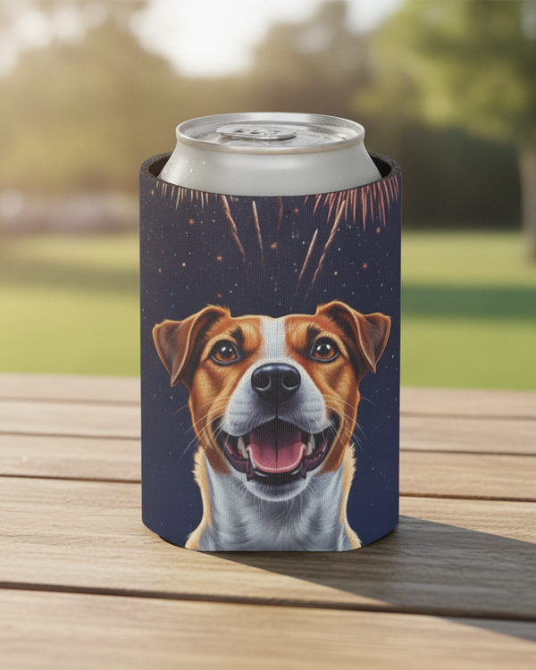 Jack Russell Terrier Can Cooler, America 250 Patriotic Dog Gift, America 250 Pattern JRT Beer Cozie, Dog Mom Drinkware Accessory, Summer Party Dec
