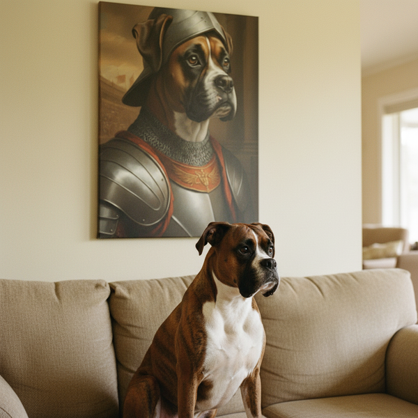 Boxer Medieval Knight Portrait Canvas Wall Art, Regal Dog Painting, Boxer Lover Gift, Stretched Canvas — Lifestyle View