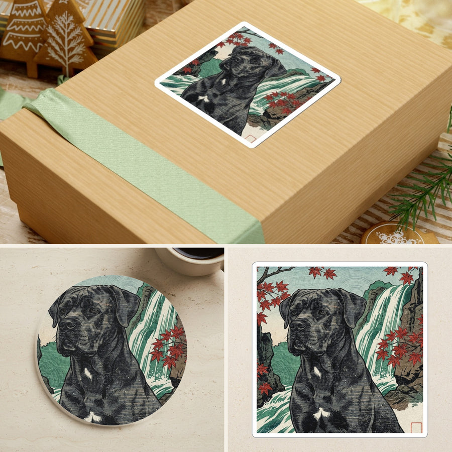 Cane Corso Japanese Print stocking stuffer gift set: round cork-back coaster and two 3x3 vinyl stickers