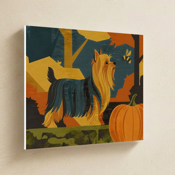 Yorkshire Terrier Canvas Wall Art, Retro Autumn Dog Art, Yorkshire Terrier Lover Gift, Stretched Canvas hanging on a warm limestone gallery wall, landscape canvas shown at a slight angle so the white wrapped side edge is visible