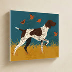 German Shorthaired Pointer Canvas Wall Art, Retro Autumn Dog Art, German Shorthaired Pointer Lover Gift, Stretched Canvas hanging on a warm limestone gallery wall, landscape canvas shown at a slight angle so the white wrapped side edge is visible