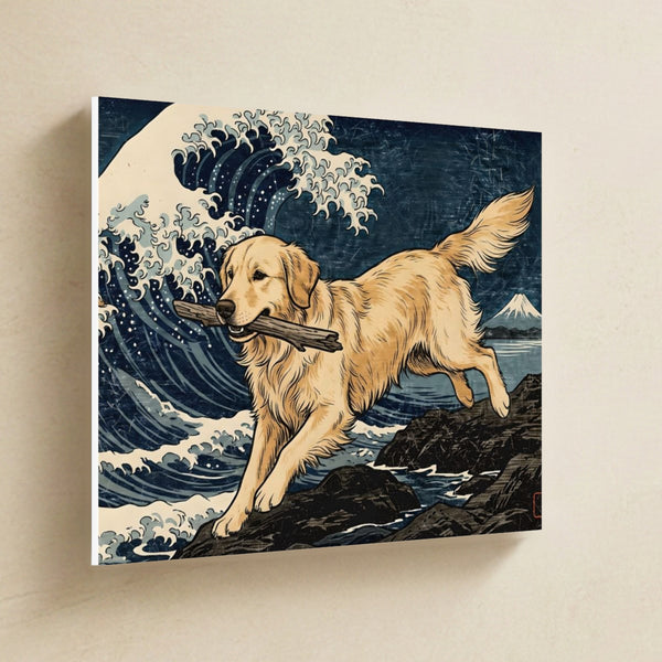 Golden Retriever Canvas Wall Art, Japanese Print Dog Art, Golden Retriever Lover Gift, Stretched Canvas hanging on a warm limestone gallery wall, landscape canvas shown at a slight angle so the white wrapped side edge is visible