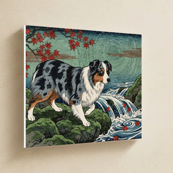 Australian Shepherd Canvas Wall Art, Colorful Dog Art, Australian Shepherd Lover Gift, Stretched Canvas hanging on a warm limestone gallery wall, landscape canvas shown at a slight angle so the white wrapped side edge is visible