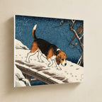 Beagle Canvas Wall Art, Colorful Dog Art, Beagle Lover Gift, Stretched Canvas hanging on a warm limestone gallery wall, landscape canvas shown at a slight angle so the white wrapped side edge is visible