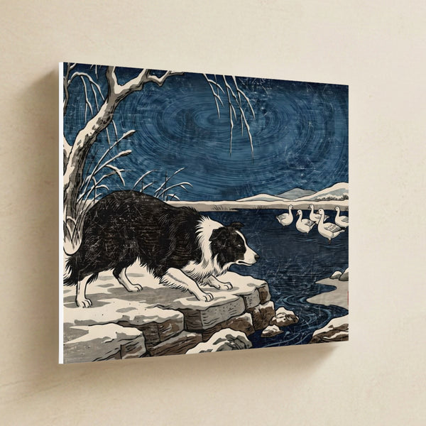 Border Collie Canvas Wall Art, Colorful Dog Art, Border Collie Lover Gift, Stretched Canvas hanging on a warm limestone gallery wall, landscape canvas shown at a slight angle so the white wrapped side edge is visible