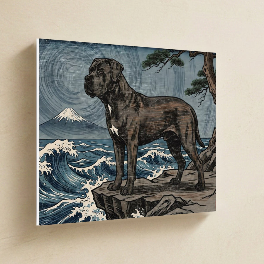 Cane Corso Canvas Wall Art, Colorful Dog Art, Cane Corso Lover Gift, Stretched Canvas hanging on a warm limestone gallery wall, landscape canvas shown at a slight angle so the white wrapped side edge is visible
