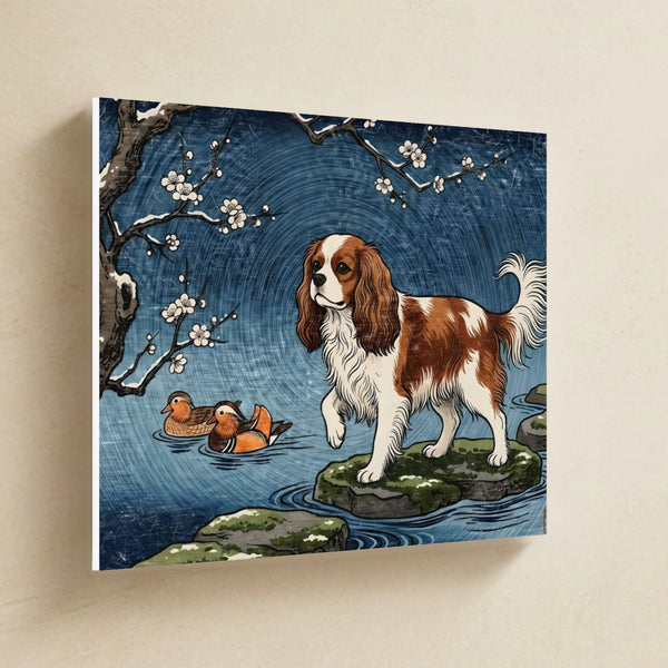Cavalier King Charles Spaniel Canvas Wall Art, Colorful Dog Art, Cavalier King Charles Spaniel Lover Gift, Stretched Canvas hanging on a warm limestone gallery wall, landscape canvas shown at a slight angle so the white wrapped side edge is visible