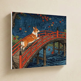 Corgi Canvas Wall Art, Japanese Print Dog Art, Corgi Lover Gift, Stretched Canvas