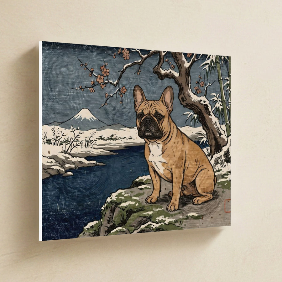 French Bulldog Canvas Wall Art, Colorful Dog Art, French Bulldog Lover Gift, Stretched Canvas hanging on a warm limestone gallery wall, landscape canvas shown at a slight angle so the white wrapped side edge is visible