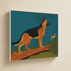 German Shepherd Canvas Wall Art, Retro Autumn Dog Art, German Shepherd Lover Gift, Stretched Canvas hanging on a warm limestone gallery wall, landscape canvas shown at a slight angle so the white wrapped side edge is visible