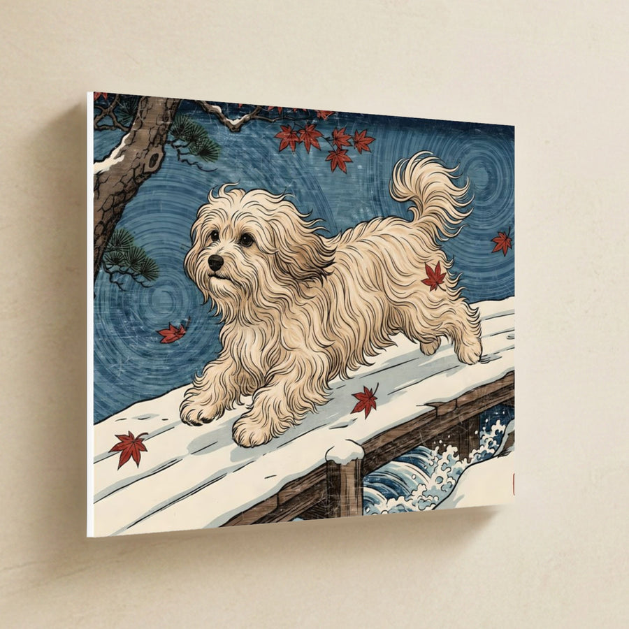 Havanese Canvas Wall Art, Colorful Dog Art, Havanese Lover Gift, Stretched Canvas hanging on a warm limestone gallery wall, landscape canvas shown at a slight angle so the white wrapped side edge is visible