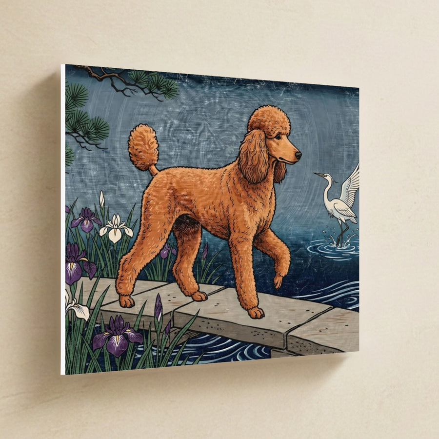 Poodle Canvas Wall Art, Japanese Print Dog Art, Poodle Lover Gift, Stretched Canvas hanging on a warm limestone gallery wall, landscape canvas shown at a slight angle so the white wrapped side edge is visible