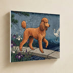 Poodle Canvas Wall Art, Japanese Print Dog Art, Poodle Lover Gift, Stretched Canvas hanging on a warm limestone gallery wall, landscape canvas shown at a slight angle so the white wrapped side edge is visible