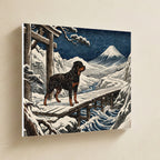 Rottweiler Canvas Wall Art, Colorful Dog Art, Rottweiler Lover Gift, Stretched Canvas hanging on a warm limestone gallery wall, landscape canvas shown at a slight angle so the white wrapped side edge is visible