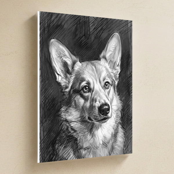 Corgi Charcoal Canvas Wall Art, Dog Sketch Print, Corgi Lover Gift, Stretched Canvas