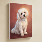 Maltese — Painted Portrait Canvas (Style B) hanging on a warm limestone gallery wall, portrait canvas shown at a slight angle so the white wrapped side edge is visible