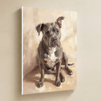 Blue Staffy — Painted Portrait Canvas hanging on a warm limestone gallery wall, portrait canvas shown at a slight angle so the white wrapped side edge is visible