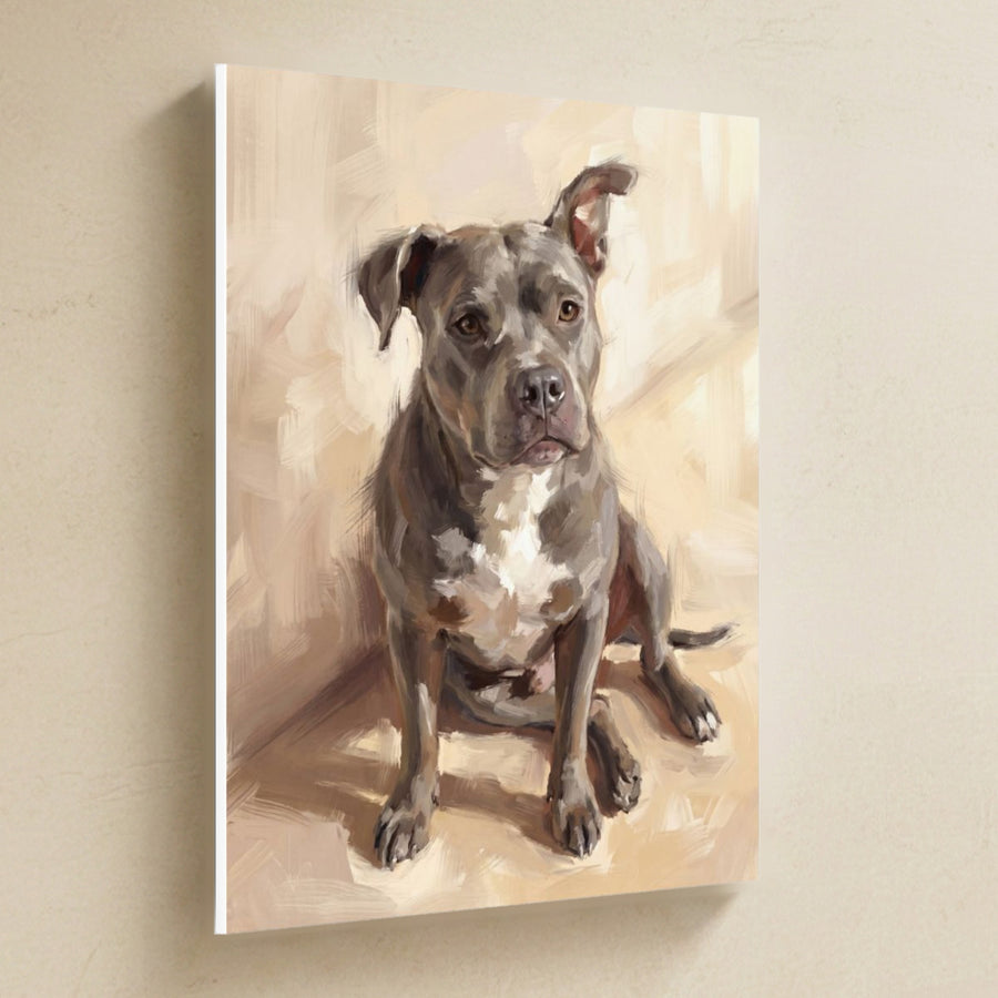 Blue Staffy — Painted Portrait Canvas hanging on a warm limestone gallery wall, portrait canvas shown at a slight angle so the white wrapped side edge is visible