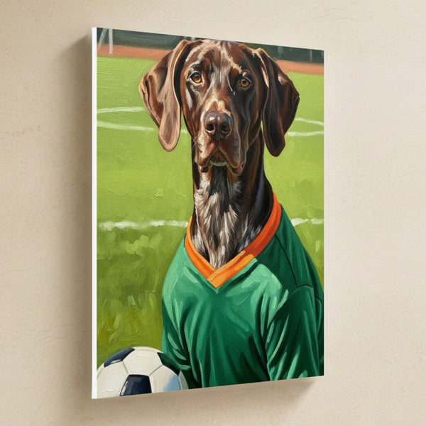 German Shorthaired Pointer Soccer Portrait Canvas Wall Art, Soccer Dog Art, German Shorthaired Pointer Lover Gift, Stretched Canvas